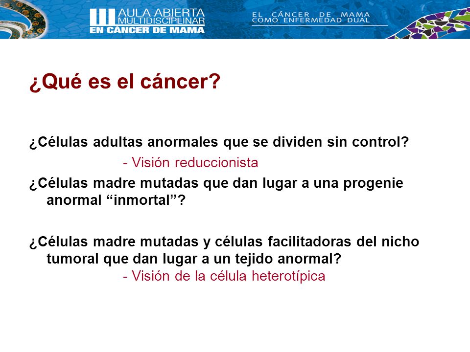 ¿Qué es el cáncer ¿Células adultas anormales que se dividen sin control - Visión reduccionista.