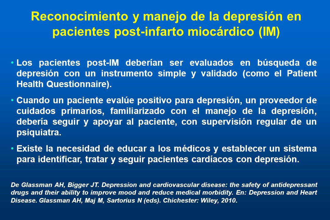 Reconocimiento y manejo de la depresión en pacientes post-infarto miocárdico (IM)