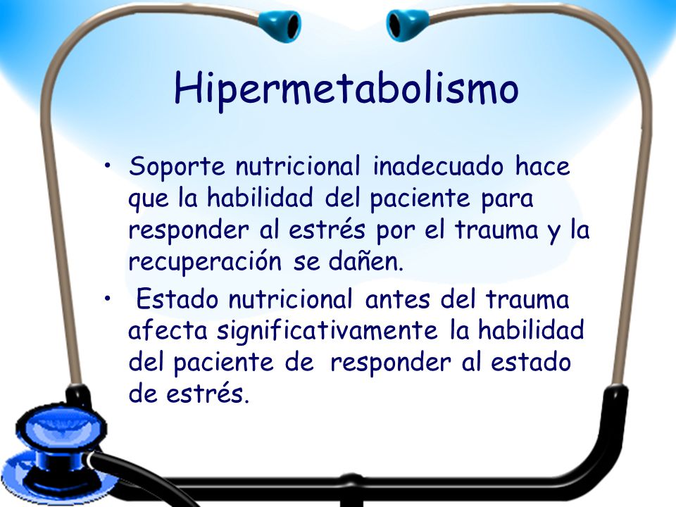 Hipermetabolismo Soporte nutricional inadecuado hace que la habilidad del paciente para responder al estrés por el trauma y la recuperación se dañen.