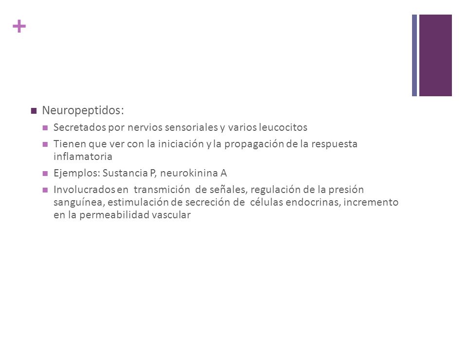 Neuropeptidos: Secretados por nervios sensoriales y varios leucocitos