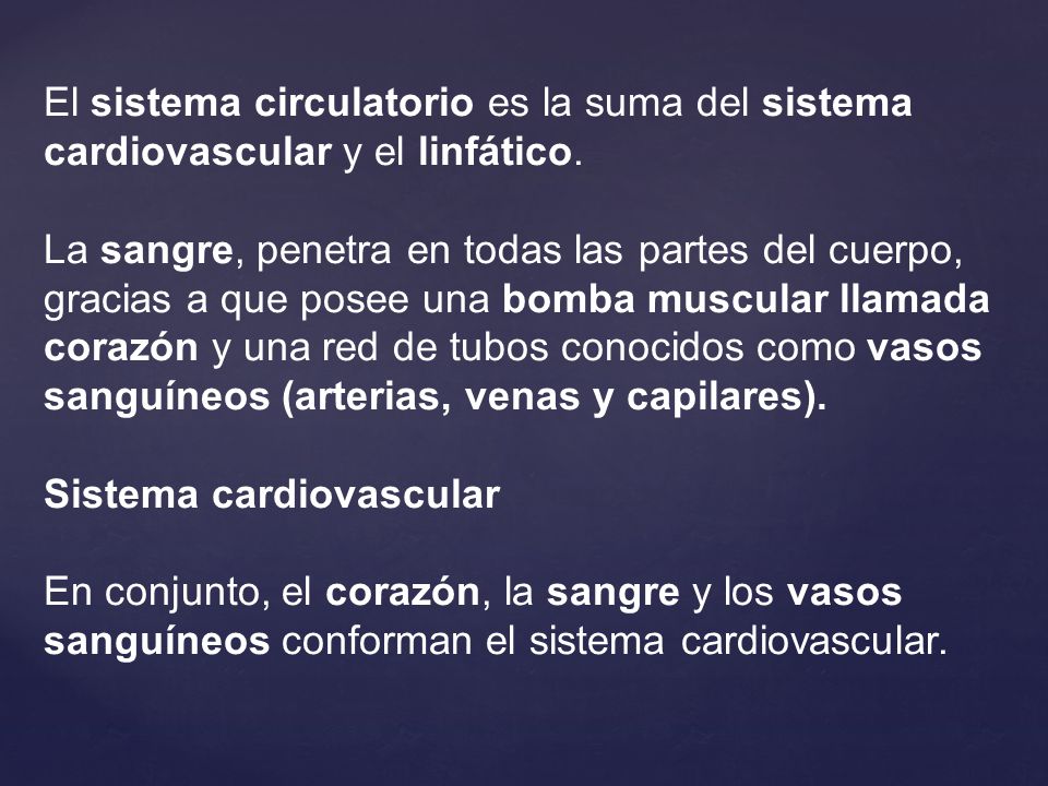 El sistema circulatorio es la suma del sistema cardiovascular y el linfático. La sangre, penetra en todas las partes del cuerpo, gracias a que posee una bomba muscular llamada corazón y una red de tubos conocidos como vasos sanguíneos (arterias, venas y capilares).