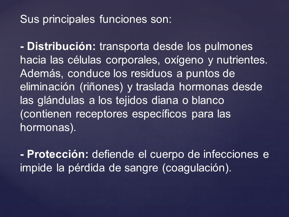 Sus principales funciones son: - Distribución: transporta desde los pulmones hacia las células corporales, oxígeno y nutrientes.
