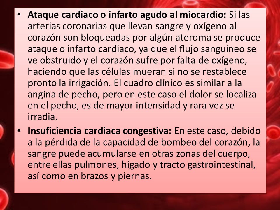 Ataque cardiaco o infarto agudo al miocardio: Si las arterias coronarias que llevan sangre y oxígeno al corazón son bloqueadas por algún ateroma se produce ataque o infarto cardiaco, ya que el flujo sanguíneo se ve obstruido y el corazón sufre por falta de oxígeno, haciendo que las células mueran si no se restablece pronto la irrigación. El cuadro clínico es similar a la angina de pecho, pero en este caso el dolor se localiza en el pecho, es de mayor intensidad y rara vez se irradia.