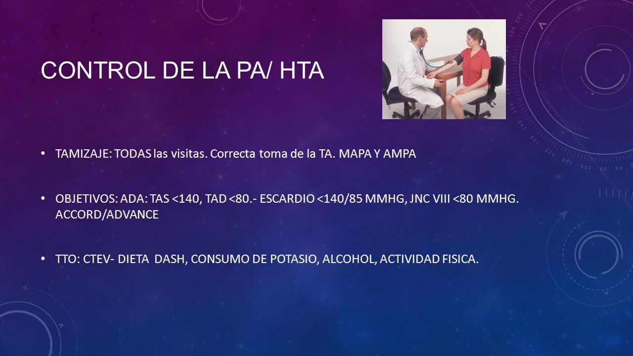 Control de la pa/ hta TAMIZAJE: TODAS las visitas. Correcta toma de la TA. MAPA Y AMPA.