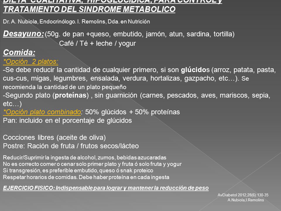 DIETA CUALITATIVA, HIPOGLUCÍDICA, PARA CONTROL y TRATAMIENTO DEL SINDROME METABOLICO