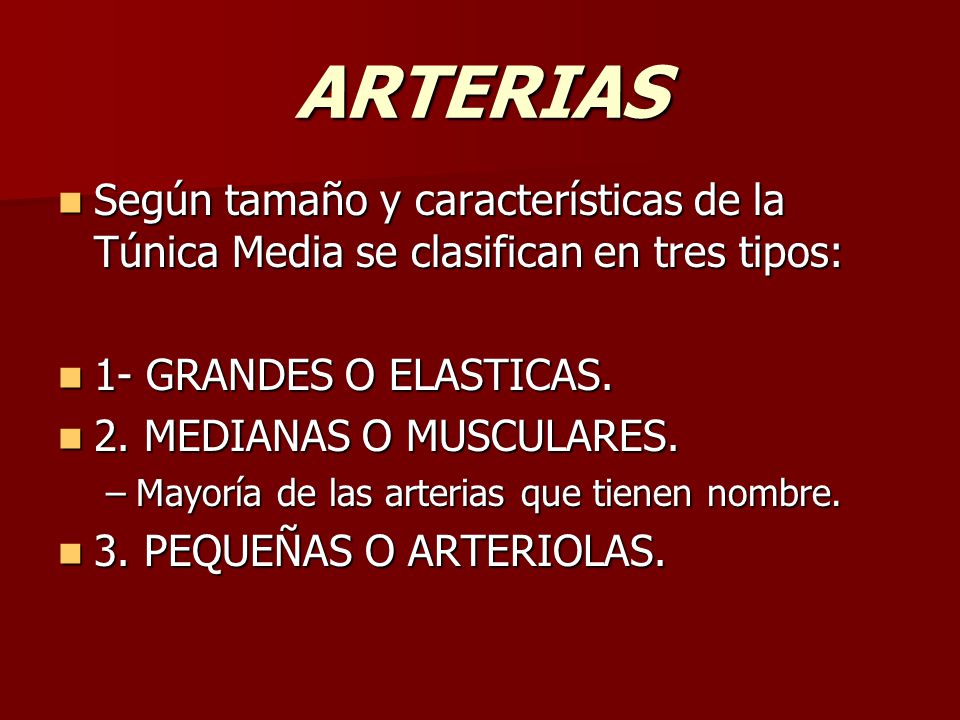 ARTERIAS Según tamaño y características de la Túnica Media se clasifican en tres tipos: 1- GRANDES O ELASTICAS.