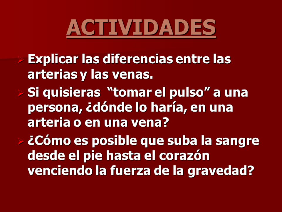 ACTIVIDADES Explicar las diferencias entre las arterias y las venas.