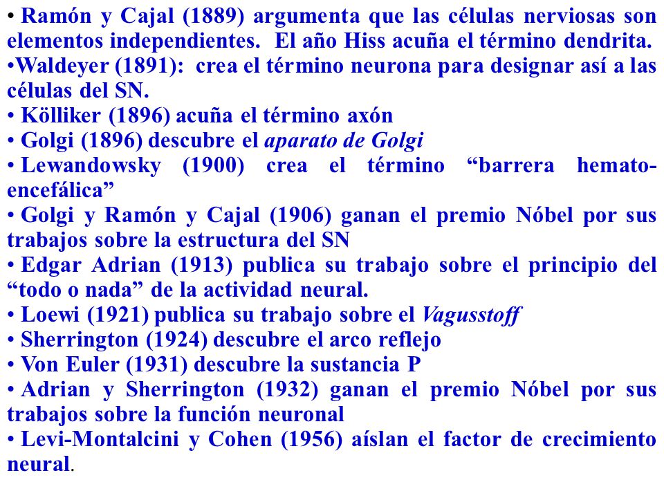 Ramón y Cajal (1889) argumenta que las células nerviosas son elementos independientes. El año Hiss acuña el término dendrita.