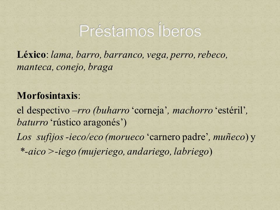 Préstamos Íberos Léxico: lama, barro, barranco, vega, perro, rebeco, manteca, conejo, braga. Morfosintaxis: