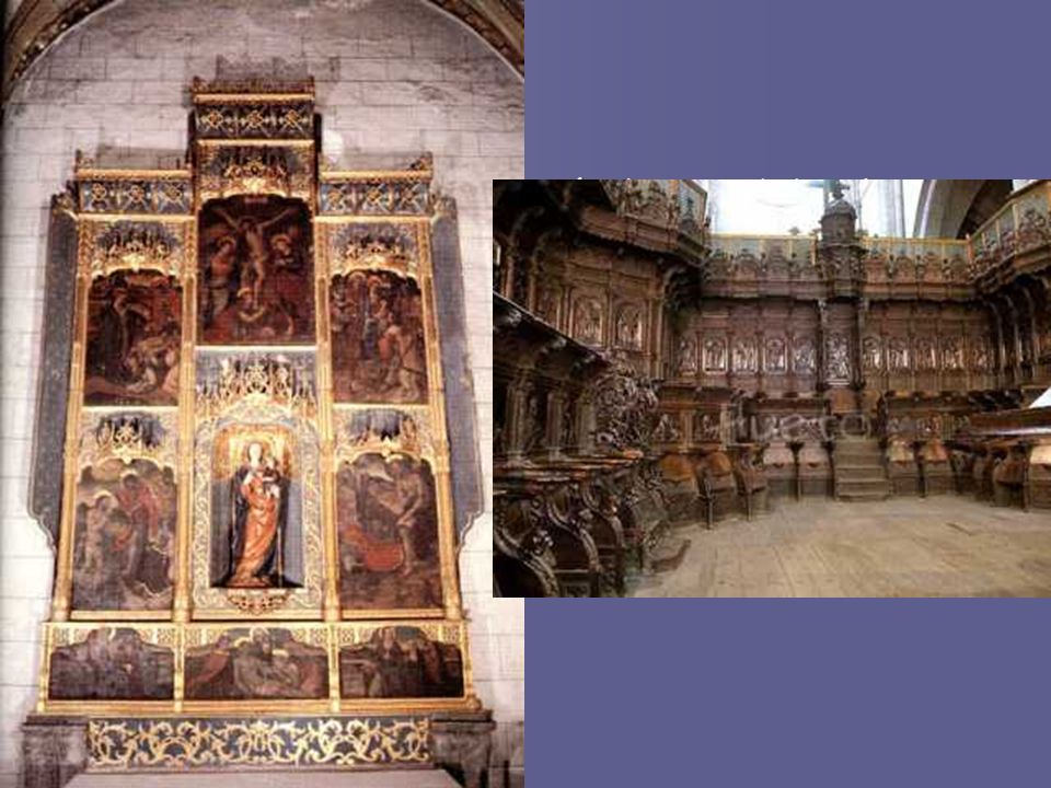 Toda esta rica ornamentación ha perdido el que fuera uno de sus asientos principales, el capitel, al haber quedado éste, como dijimos, atrofiado y reducido; pero otros elementos vendrán a sustituirlo, por ejemplo, en el interior del templo, los retablos, que irán ganando poco a poco en importancia y tamaño, así como las sillerías de los coros, formadas por cientos de asientos totalmente cuajados con motivos ornamentales;