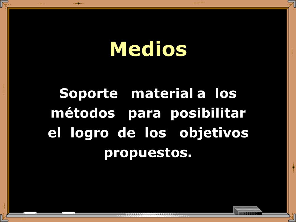 Medios Soporte material a los métodos para posibilitar el logro de los objetivos propuestos.