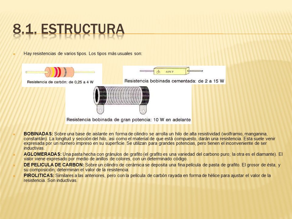8.1. estructura Hay resistencias de varios tipos. Los tipos más usuales son:
