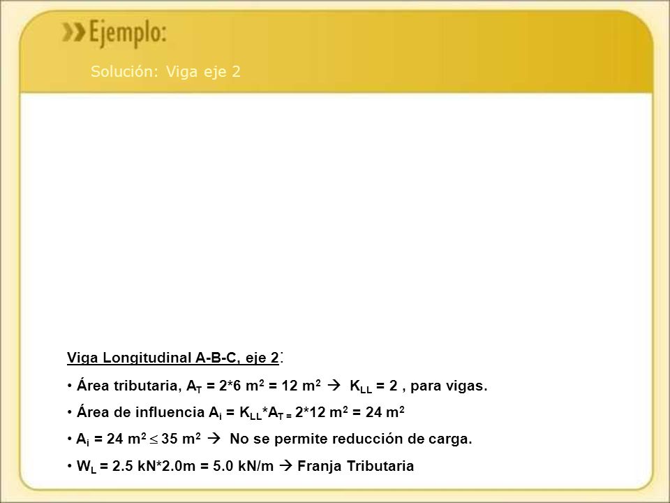 Solución: Viga eje 2 Viga Longitudinal A-B-C, eje 2: Área tributaria, AT = 2*6 m2 = 12 m2  KLL = 2 , para vigas.