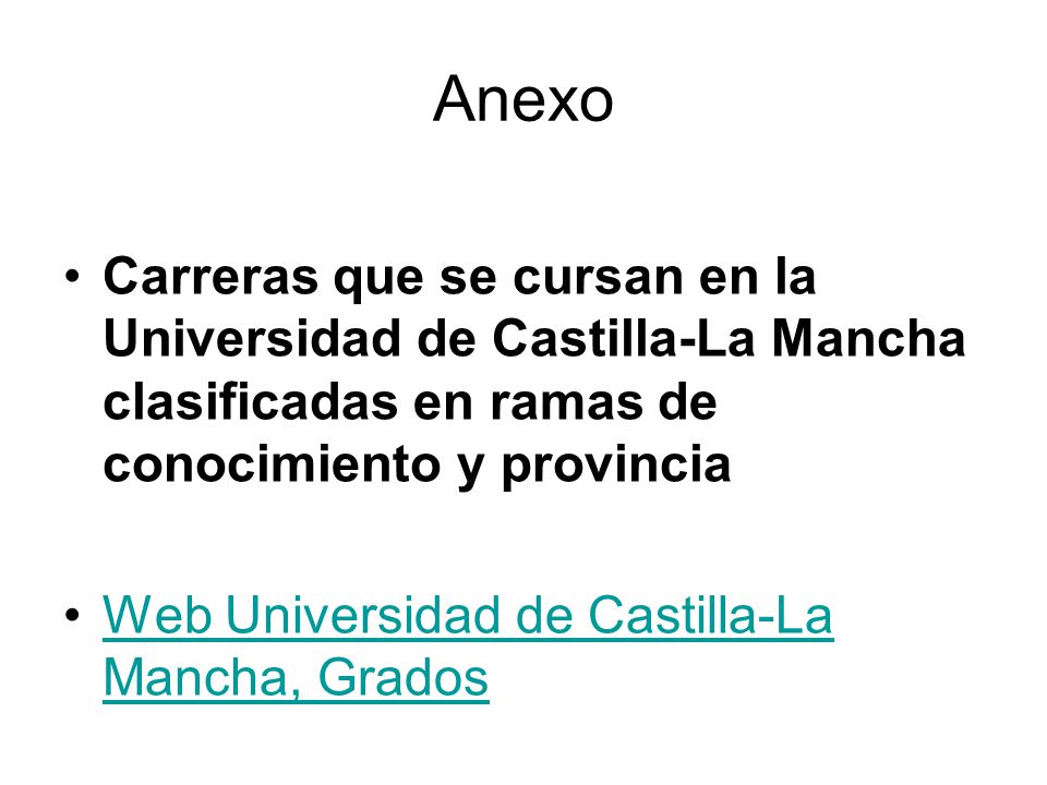 Anexo Carreras que se cursan en la Universidad de Castilla-La Mancha clasificadas en ramas de conocimiento y provincia.