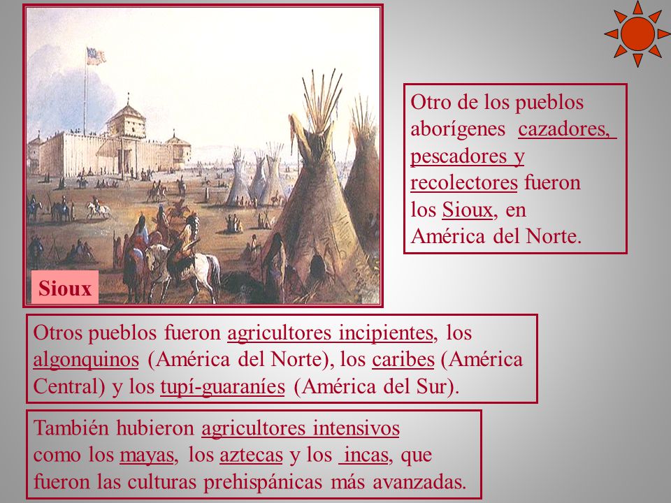 Otro de los pueblos aborígenes cazadores, pescadores y. recolectores fueron. los Sioux, en. América del Norte.
