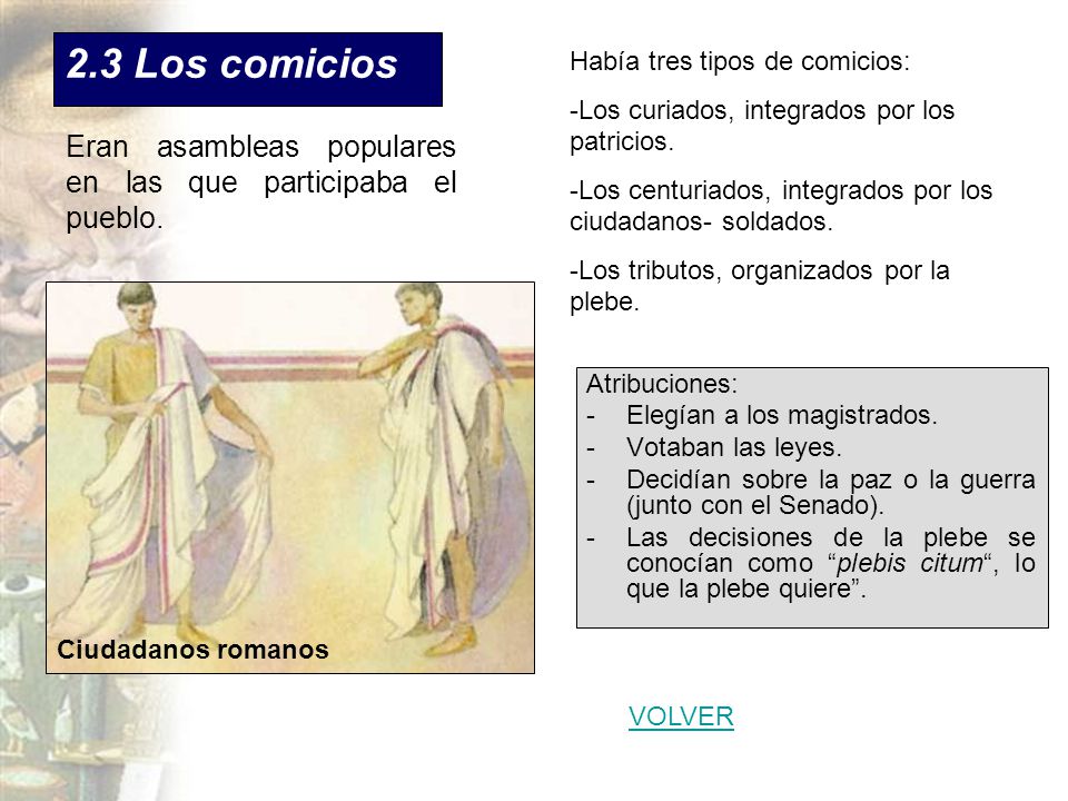 2.3 Los comicios Había tres tipos de comicios: Los curiados, integrados por los patricios.