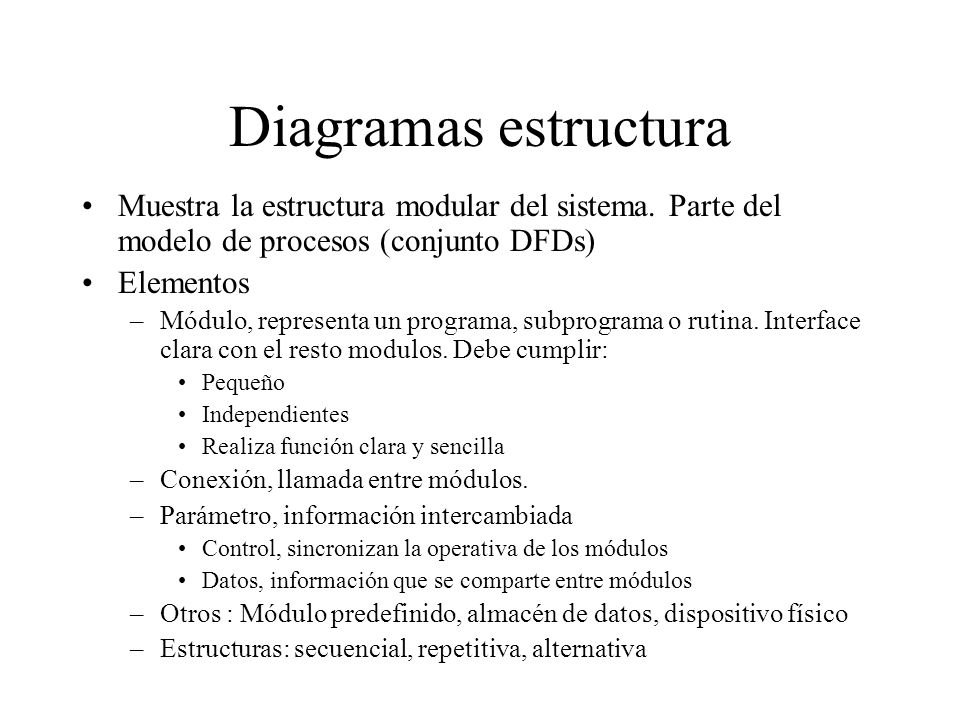 Diagramas estructura Muestra la estructura modular del sistema. Parte del modelo de procesos (conjunto DFDs)