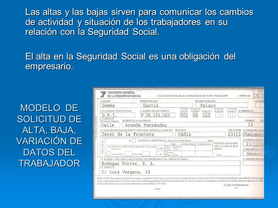 MODELO DE SOLICITUD DE ALTA, BAJA, VARIACIÓN DE DATOS DEL TRABAJADOR