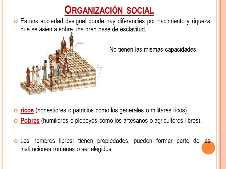 Organización social Es una sociedad desigual donde hay diferencias por nacimiento y riqueza que se asienta sobre una gran base de esclavitud.