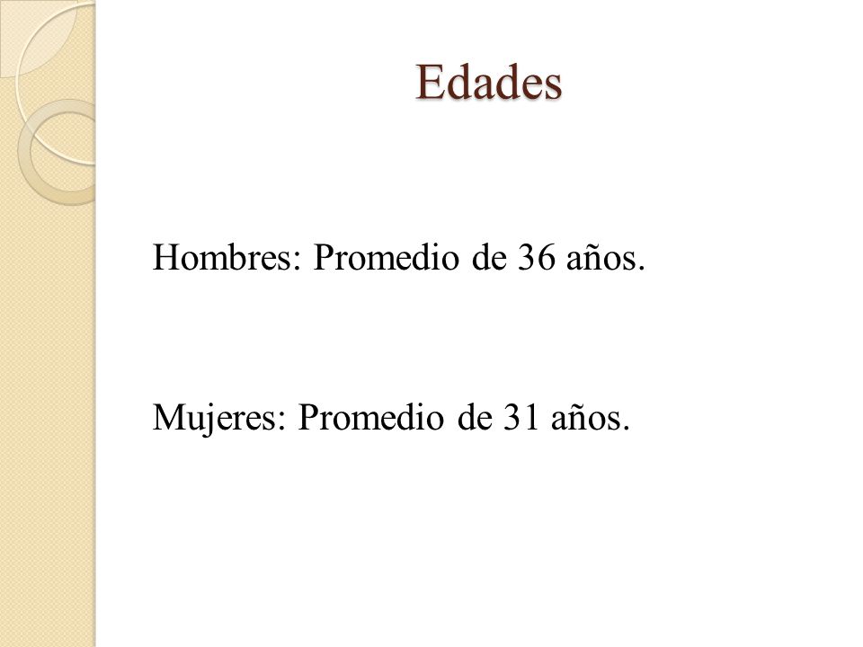 Edades Hombres: Promedio de 36 años. Mujeres: Promedio de 31 años.