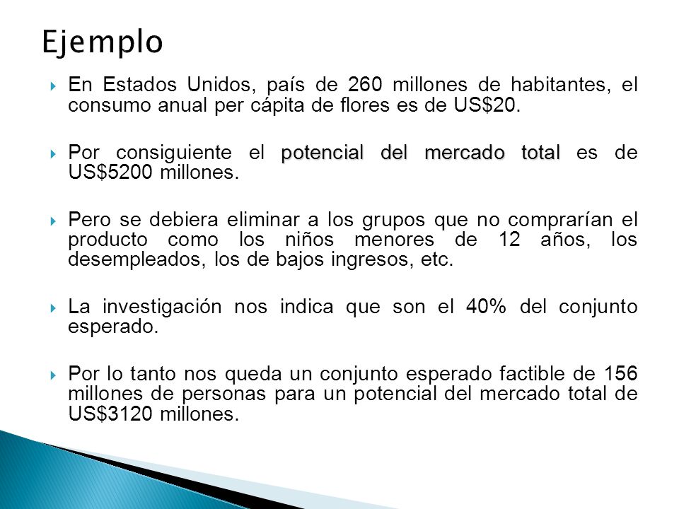 Ejemplo En Estados Unidos, país de 260 millones de habitantes, el consumo anual per cápita de flores es de US$20.