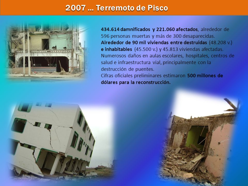 2007 … Terremoto de Pisco damnificados y afectados, alrededor de 596 personas muertas y más de 300 desaparecidas.