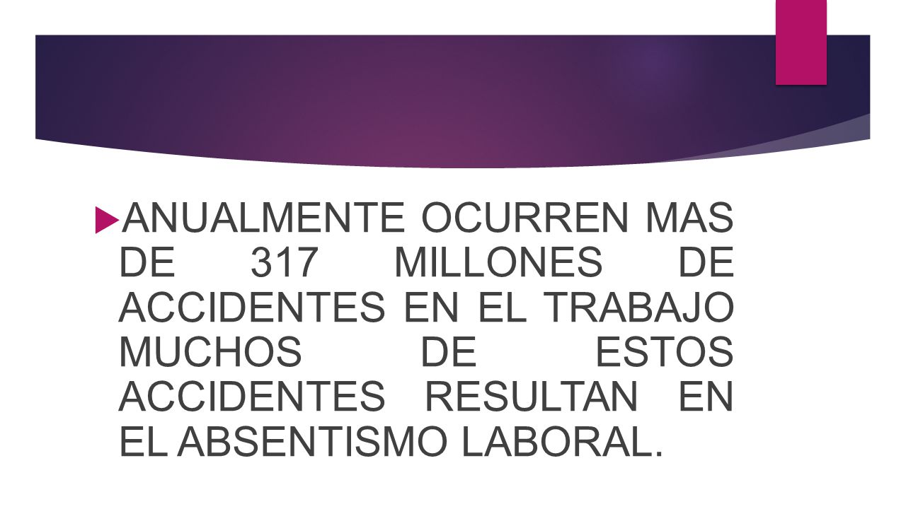 ANUALMENTE OCURREN MAS DE 317 MILLONES DE ACCIDENTES EN EL TRABAJO MUCHOS DE ESTOS ACCIDENTES RESULTAN EN EL ABSENTISMO LABORAL.
