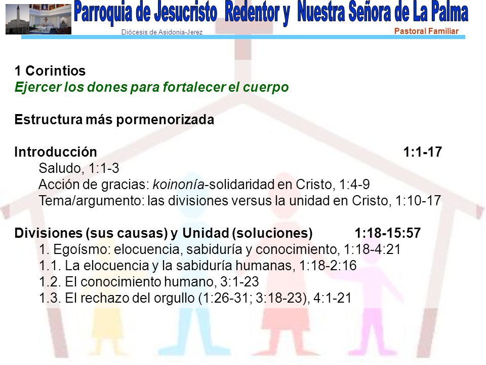 1 Corintios Ejercer los dones para fortalecer el cuerpo. Estructura más pormenorizada. Introducción 1:1-17.