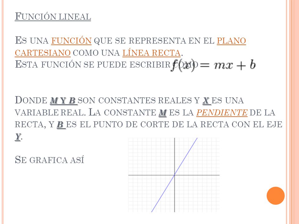 Función lineal Es una función que se representa en el plano cartesiano como una línea recta.