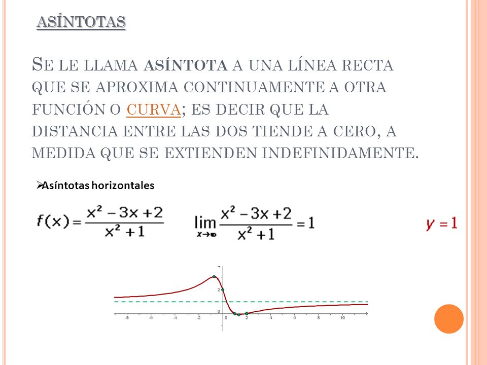 asíntotas Se le llama asíntota a una línea recta que se aproxima continuamente a otra función o curva; es decir que la distancia entre las dos tiende a cero, a medida que se extienden indefinidamente.