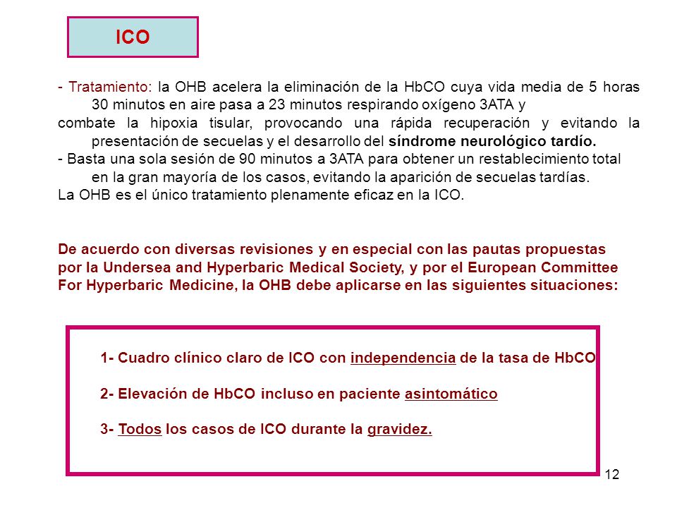 ICO - Tratamiento: la OHB acelera la eliminación de la HbCO cuya vida media de 5 horas 30 minutos en aire pasa a 23 minutos respirando oxígeno 3ATA y.