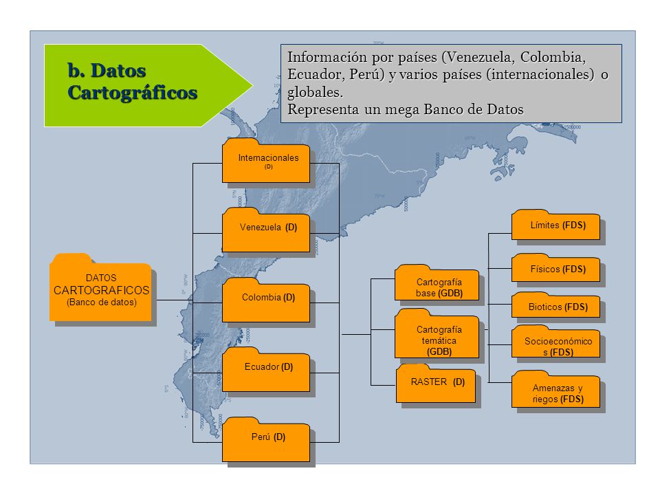 Información por países (Venezuela, Colombia, Ecuador, Perú) y varios países (internacionales) o globales. Representa un mega Banco de Datos