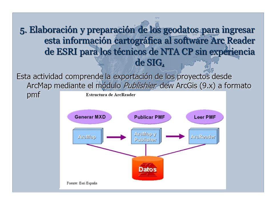 5. Elaboración y preparación de los geodatos para ingresar esta información cartográfica al software Arc Reader de ESRI para los técnicos de NTA CP sin experiencia de SIG.