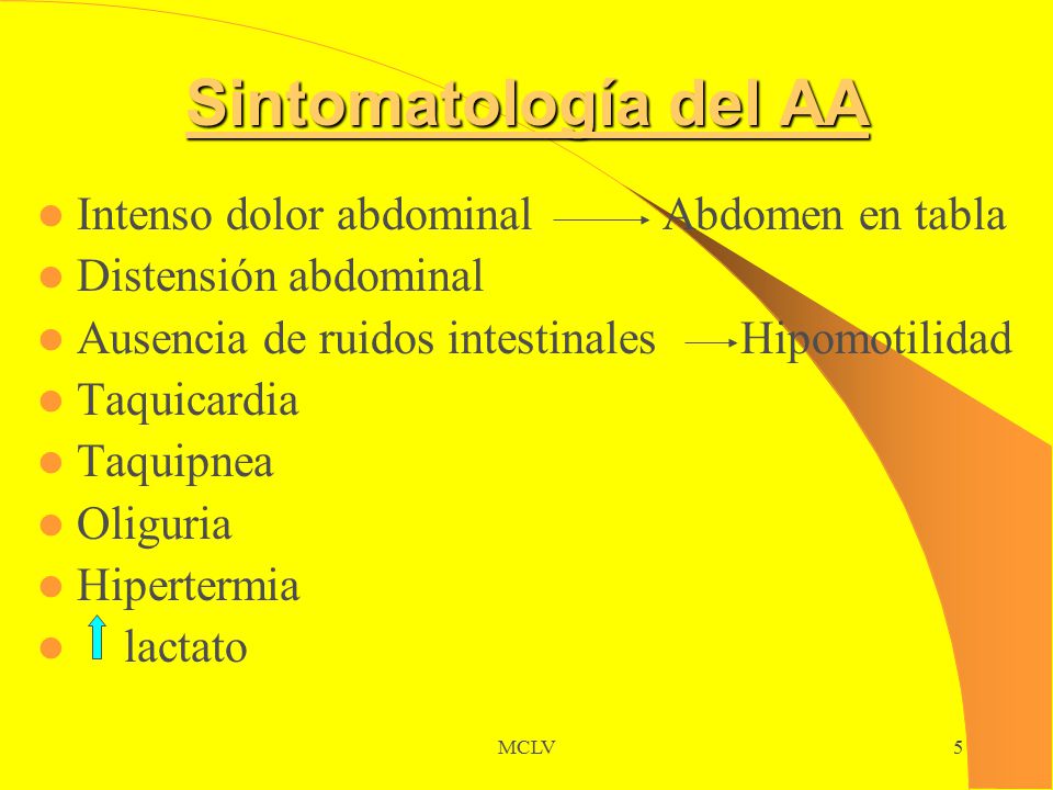 Sintomatología del AA Intenso dolor abdominal Abdomen en tabla