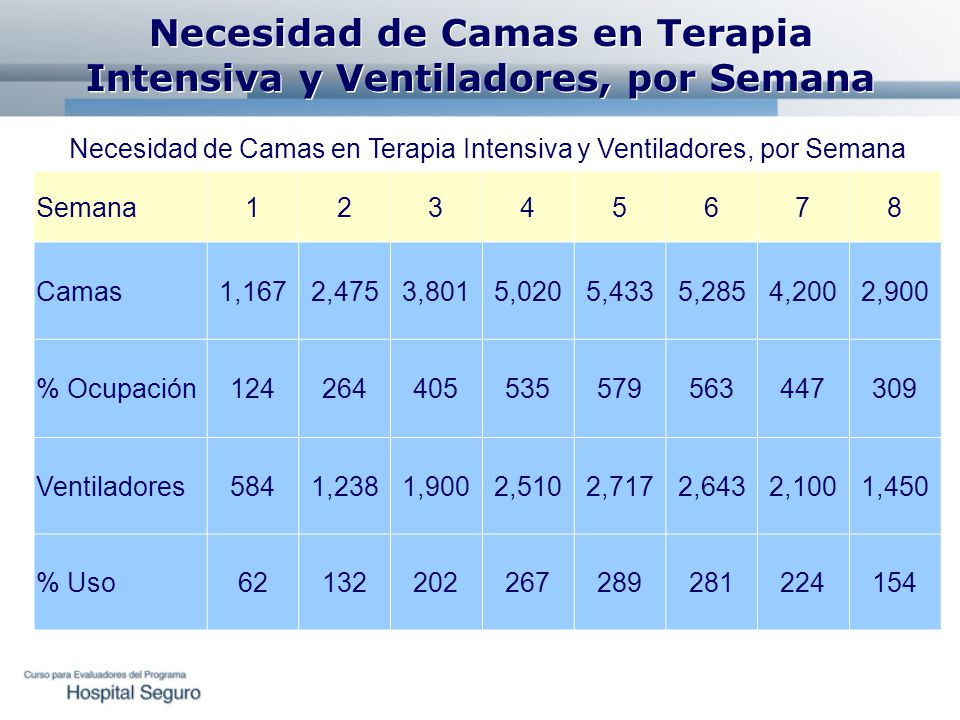 Necesidad de Camas en Terapia Intensiva y Ventiladores, por Semana
