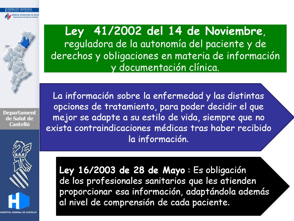Ley 41/2002 del 14 de Noviembre, reguladora de la autonomía del paciente y de derechos y obligaciones en materia de información y documentación clínica.