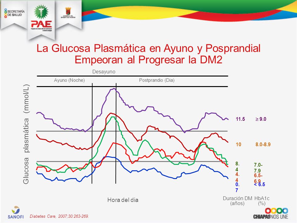 La Glucosa Plasmática en Ayuno y Posprandial Empeoran al Progresar la DM2