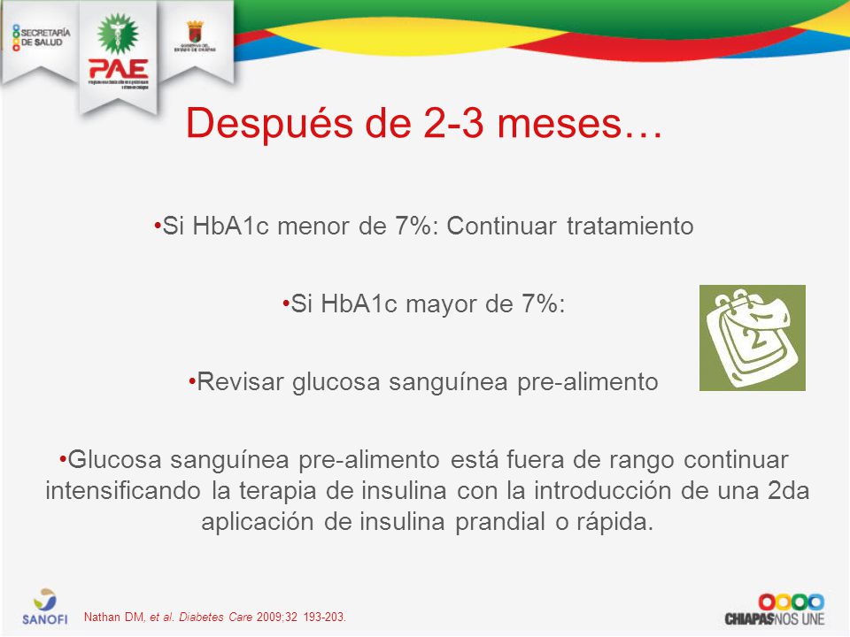Después de 2-3 meses… Si HbA1c menor de 7%: Continuar tratamiento