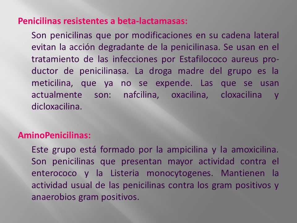 Penicilinas resistentes a beta-lactamasas: Son penicilinas que por modificaciones en su cadena lateral evitan la acción degradante de la penicilinasa.