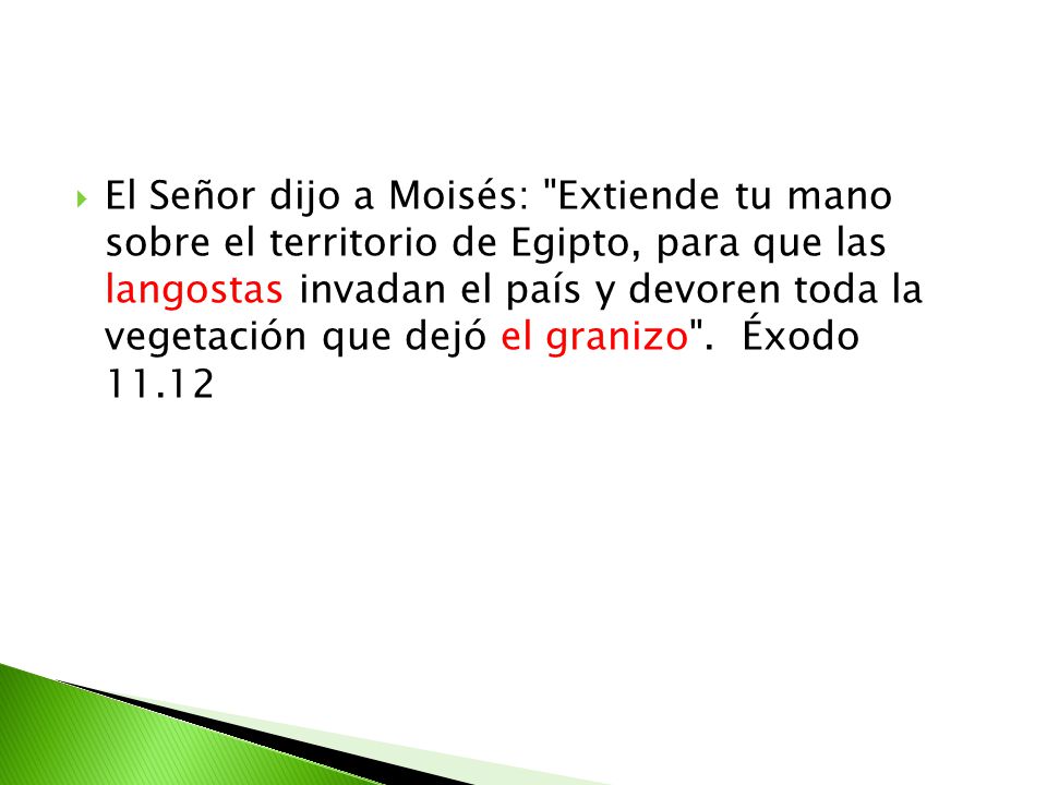 El Señor dijo a Moisés: Extiende tu mano sobre el territorio de Egipto, para que las langostas invadan el país y devoren toda la vegetación que dejó el granizo .