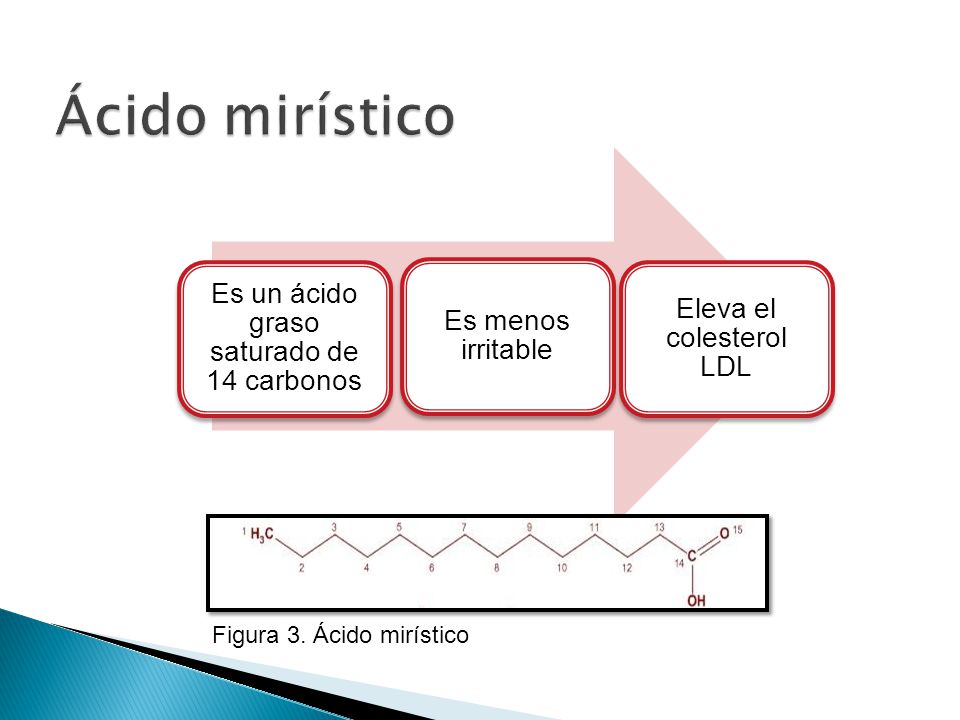 Ácido mirístico Figura 3. Ácido mirístico Eleva el colesterol LDL