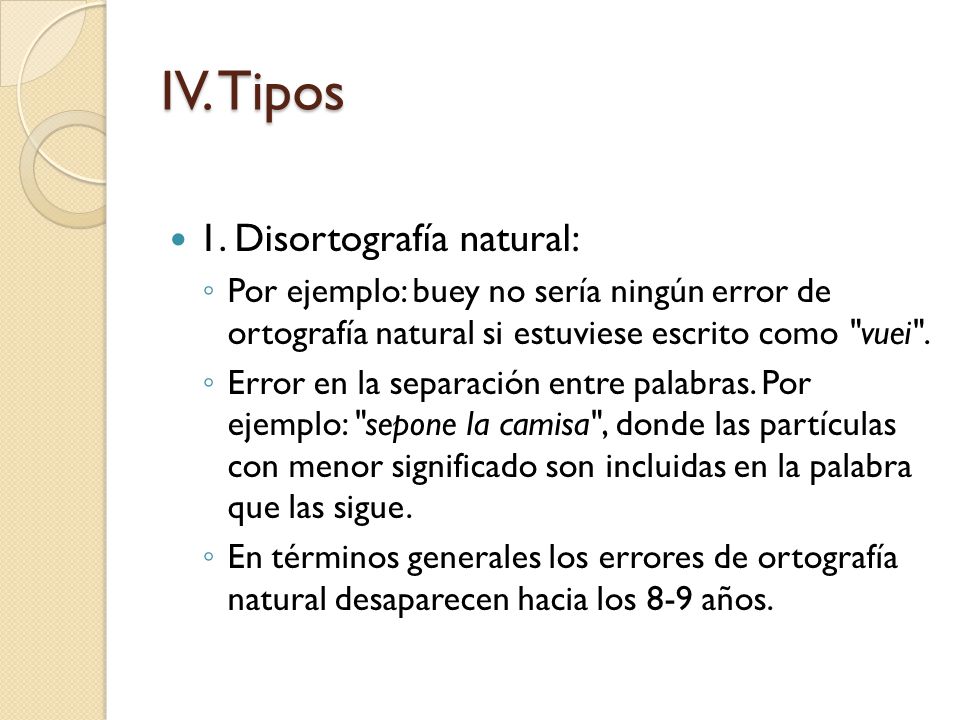 IV. Tipos 1. Disortografía natural:
