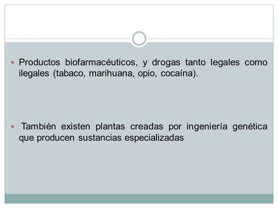 Productos biofarmacéuticos, y drogas tanto legales como ilegales (tabaco, marihuana, opio, cocaína).