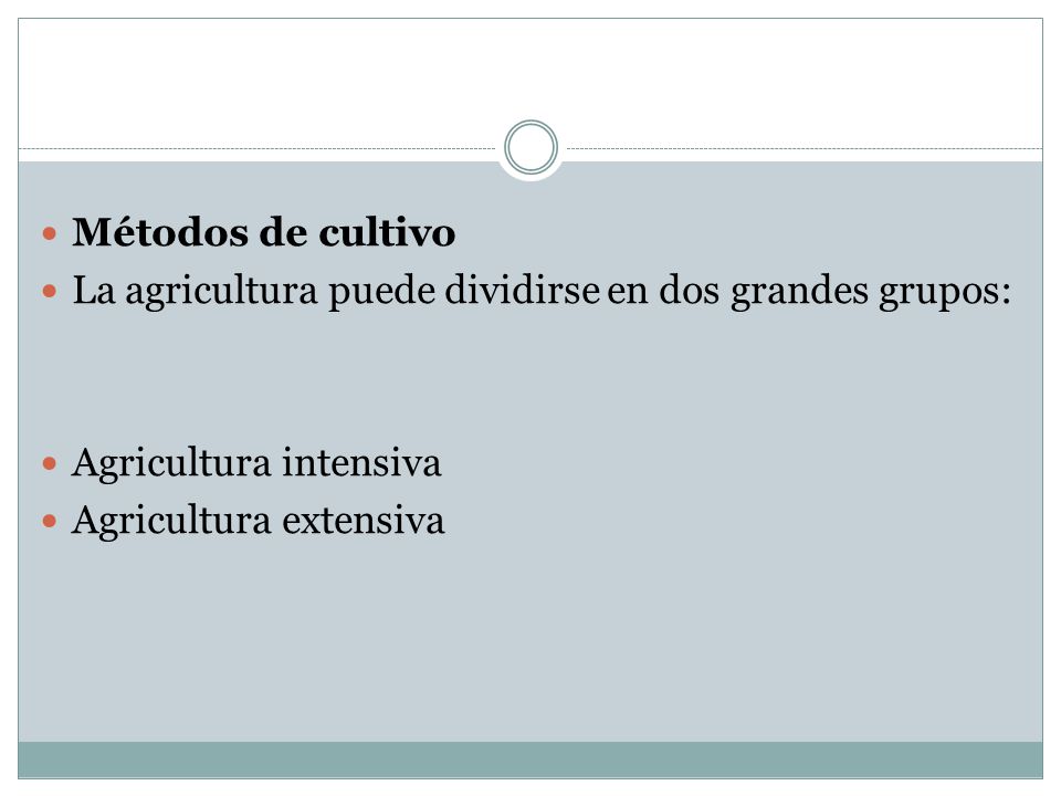 Métodos de cultivo La agricultura puede dividirse en dos grandes grupos: Agricultura intensiva.