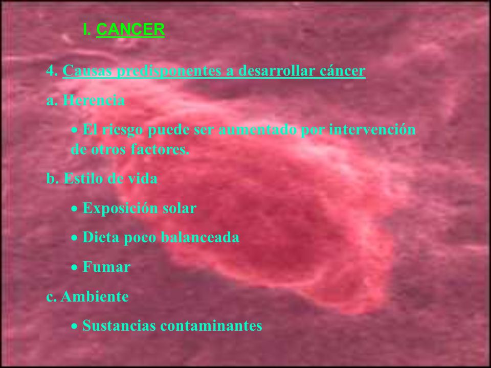 I. CANCER 4. Causas predisponentes a desarrollar cáncer. a. Herencia. El riesgo puede ser aumentado por intervención de otros factores.