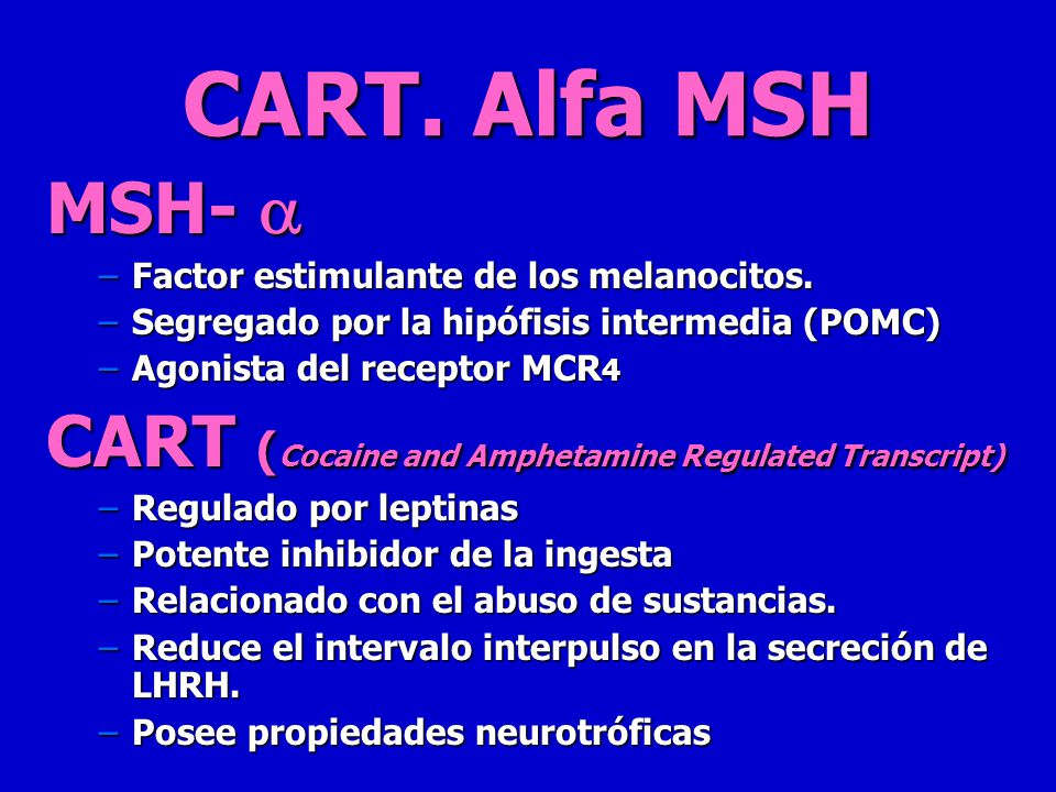 CART. Alfa MSH MSH-  Factor estimulante de los melanocitos. Segregado por la hipófisis intermedia (POMC)