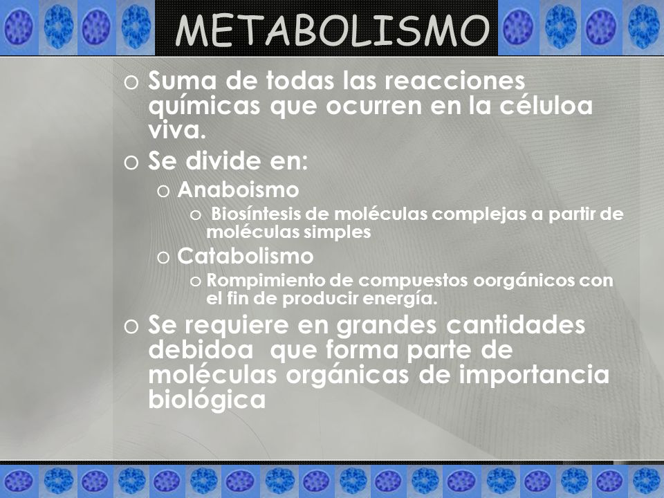 METABOLISMO Suma de todas las reacciones químicas que ocurren en la céluloa viva. Se divide en: Anaboismo.