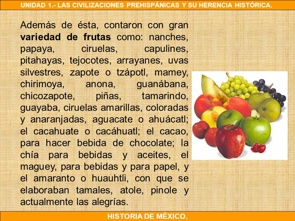 Además de ésta, contaron con gran variedad de frutas como: nanches, papaya, ciruelas, capulines, pitahayas, tejocotes, arrayanes, uvas silvestres, zapote o tzápotl, mamey, chirimoya, anona, guanábana, chicozapote, piñas, tamarindo, guayaba, ciruelas amarillas, coloradas y anaranjadas, aguacate o ahuácatl; el cacahuate o cacáhuatl; el cacao, para hacer bebida de chocolate; la chía para bebidas y aceites, el maguey, para bebidas y para papel, y el amaranto o huauhtli, con que se elaboraban tamales, atole, pinole y actualmente las alegrías.