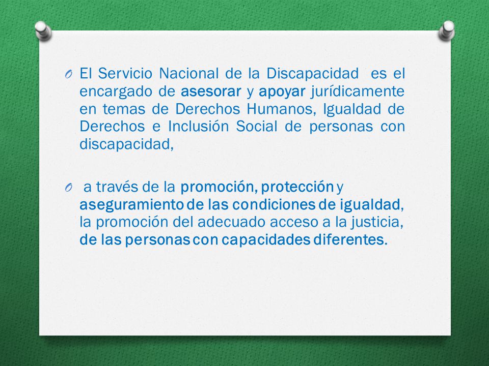 El Servicio Nacional de la Discapacidad es el encargado de asesorar y apoyar jurídicamente en temas de Derechos Humanos, Igualdad de Derechos e Inclusión Social de personas con discapacidad,