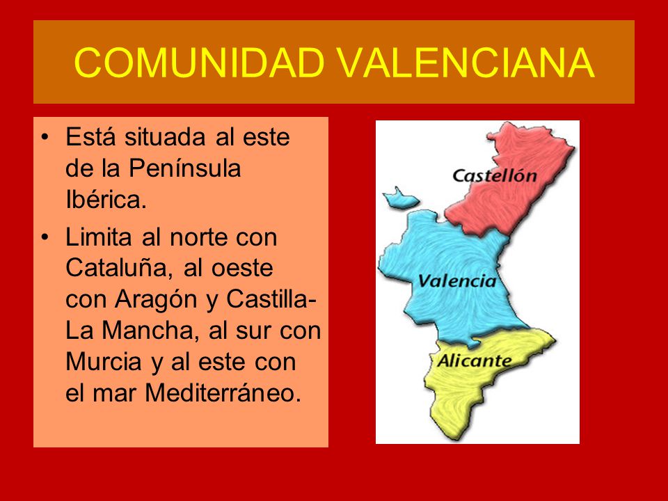 COMUNIDAD VALENCIANA Está situada al este de la Península Ibérica.